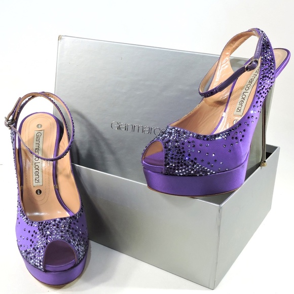 GIANMARCO LORENZI 🇮🇹 WOMEN'S PURPLE SATIN FASHION PLATFORM SANDALS - Picture 7 of 7